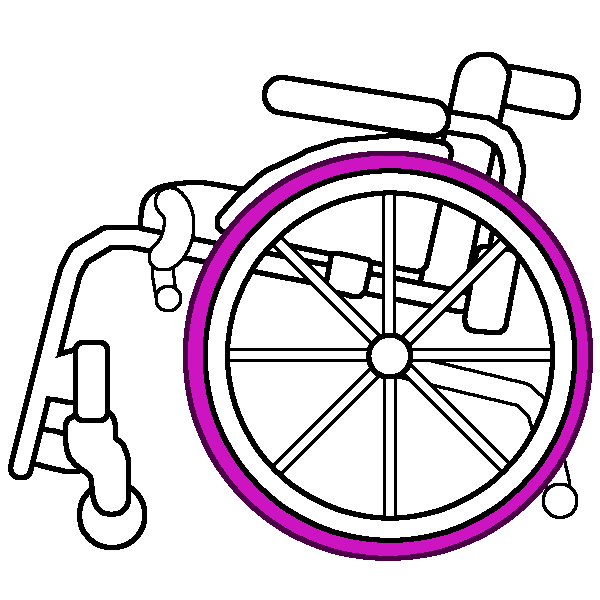 A black and white rigid wheelchair in profile with a bright pink tire.